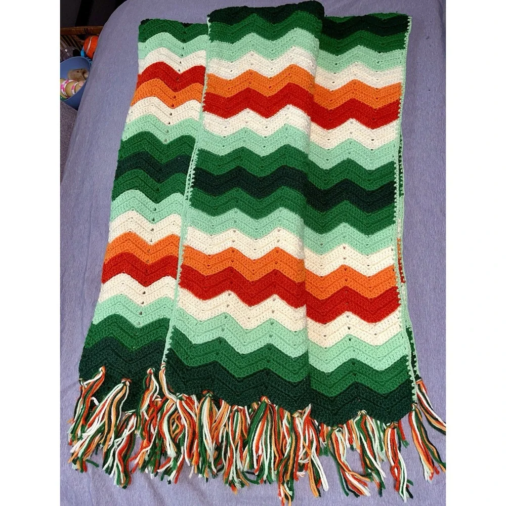 Handmade Crocheted Afghan Multicolored Zig Zag Chevron 50